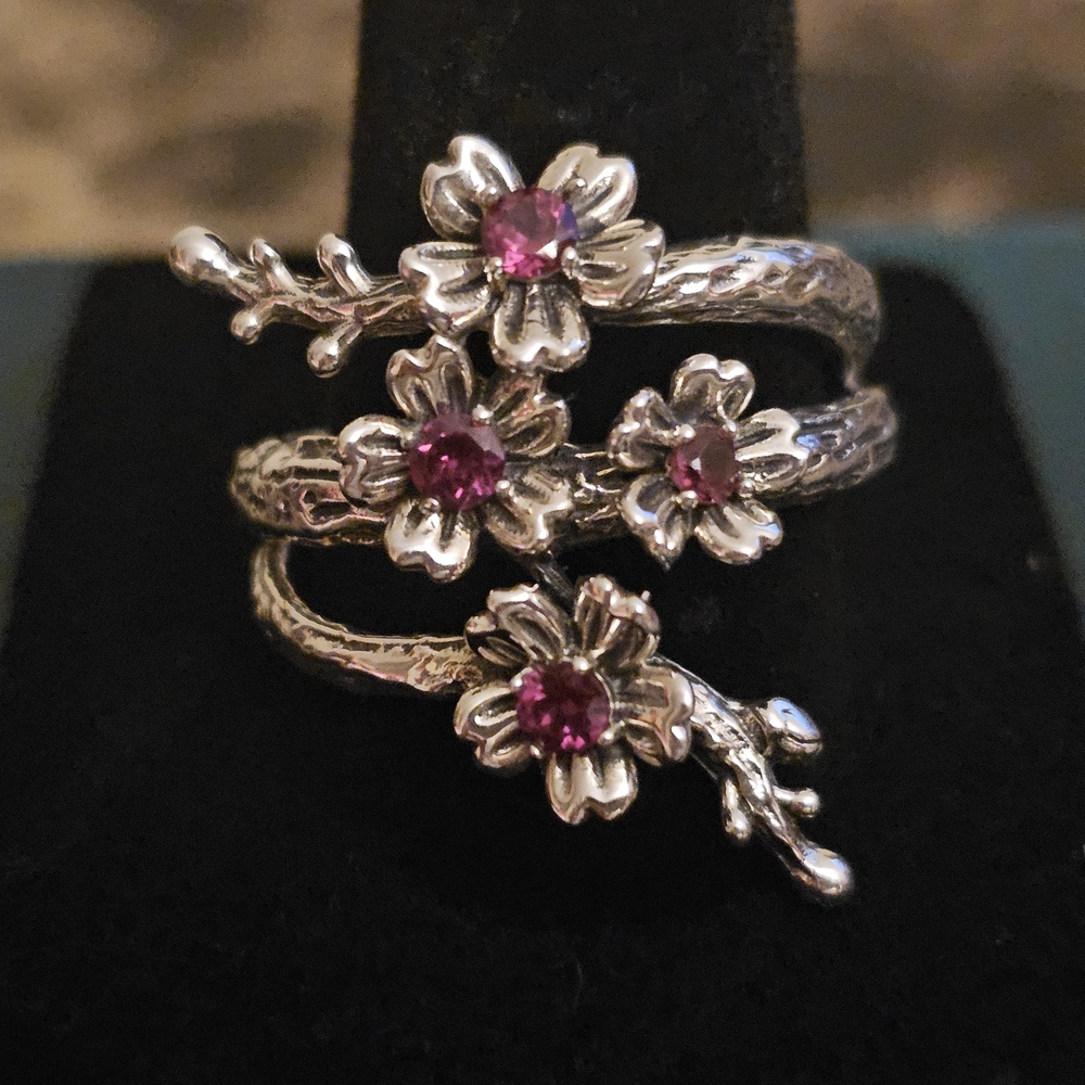JAI Silver Floral Ring with Pink Rhodolite Gemstones Size 10